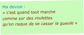 Ma devise : « c’est quand tout marche
comme sur des roulettes
qu’on risque de se casser la gueule »