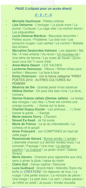 PAGE 2 (cliquez pour un accès direct)
D - E - F - G
Michelle Daufresne : Petites ombres
Lise Deharme : L'horloger / La poule noire / La plume / Curieuse / La cage vide / Le cochon blond / Les pâquerettes
Lucie Delarue-Mardrus : Mauvaise rencontre / Petites souris / Problème / Le chat noir / Les poissons rouges / Les vaches / Le cochon / Ballade des échecs
Marceline Desbordes-Valmore : Les séparés / Ma fille / À mes enfants / Au revoir / Un nouveau-né / Une lettre de femme / Les roses de Saadi / Qu'en avez-vous fait ?/ Jours d'été
Anne-Marie Désert : LES VACHES 
Lucienne Desnoues - Hiboux / Rimes riches pour mirliton / Mesures / Le face-à-face
Emily Dickinson - voir la future catégorie "PRINT POÈTES 2010 : AUTRES CULTURES AU FÉMININ"
Béatrice de Die - Grande peine m'est advenue
Hélène Dorion - On peut très bien vivre / La terre, l'univers
Denise Dubois-Jallais (Denise Jallais) - Le temps des mirages / Les rites / L'hiver est comme une orange ouverte ... / Assise sur la dune ... 
Chantal Dupuy-Dunier - Les animaux ... / L’hiver baisse la garde ... / Saorge
Marie-Jeanne Durry - Chanson
Nouad Es-Saad - Je t'ai suivie
Marie de France - Le lai du chèvrefeuille / Le corbeau et le goupil
Anne Froissard : voir COMPTINES en haut de cette page 1
Rosemonde Gérard : Bonne année / L'année / L'éternelle chanson (Le dernier rendez-vous) / Le sommeil / Paysage / Une rose / Le dernier papillon / Le crapaud / Le jardin vivant / Sabine Sicaud
Marie Gevers - Chanson pour apprendre aux cinq sens à aimer la pluie / repas du matin
Claire Goll - Danse captive / Démunie
Luce Guilbaud : Grand-mère / Attendre /Dans ma boîte [+ CRÉATION] / Un déjeuner de fous / Le nuage / Une petite maison / Le monstre de pierre / Une image / Le petit rêve / Le vent / J'étais perdue / Je t'offre un soleil / Je jouais / Année nouvelle