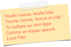 Feuille rousse, feuille folleTourne, tourne, tourne et vole !Tu voltiges au vent légerComme un oiseau apeuré.Luce Fillol 